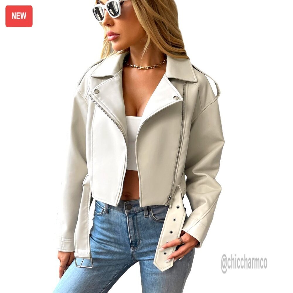 Faux Leather Cropped Jacket Vintage Motor Biker Coat with Belt Chic